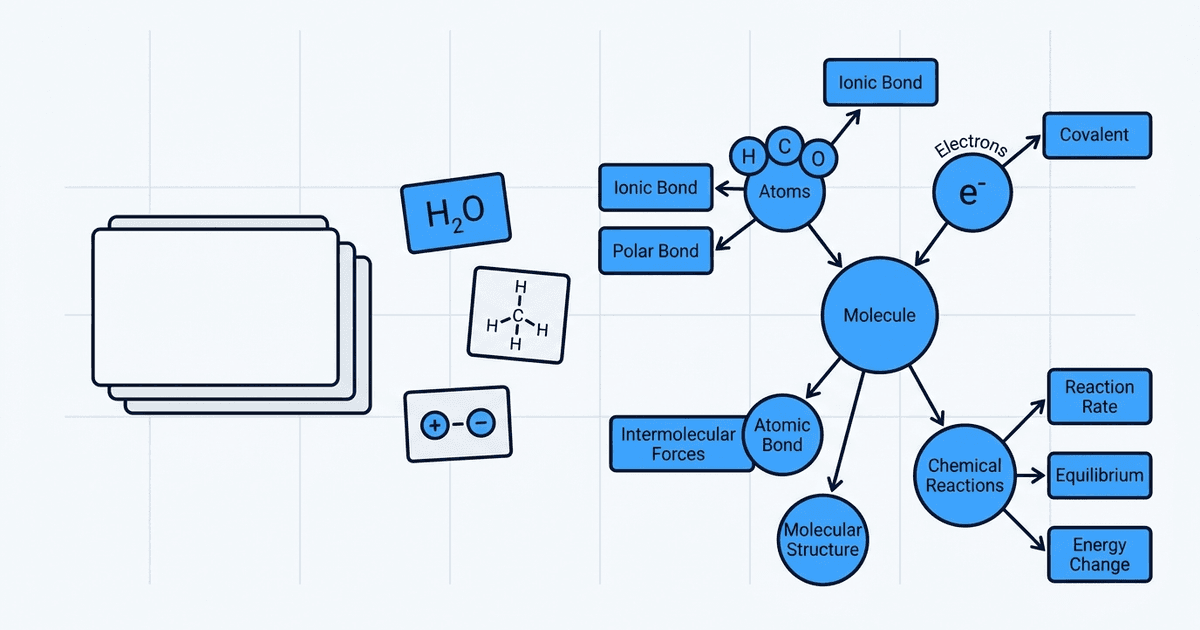 Schematic: memorized formula stack versus connected molecular concept network for deep chemistry understanding