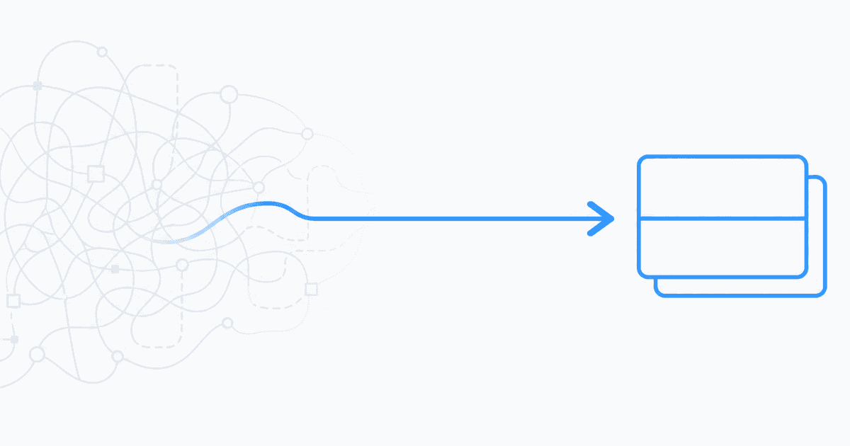 Schematic: complex setup simplifying to a clean flashcard path
