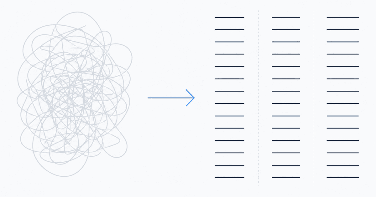 Schematic: messy notes simplified into organized study outputs