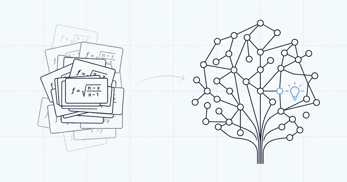 Schematic: memorized formula stack versus connected concept network for deep understanding