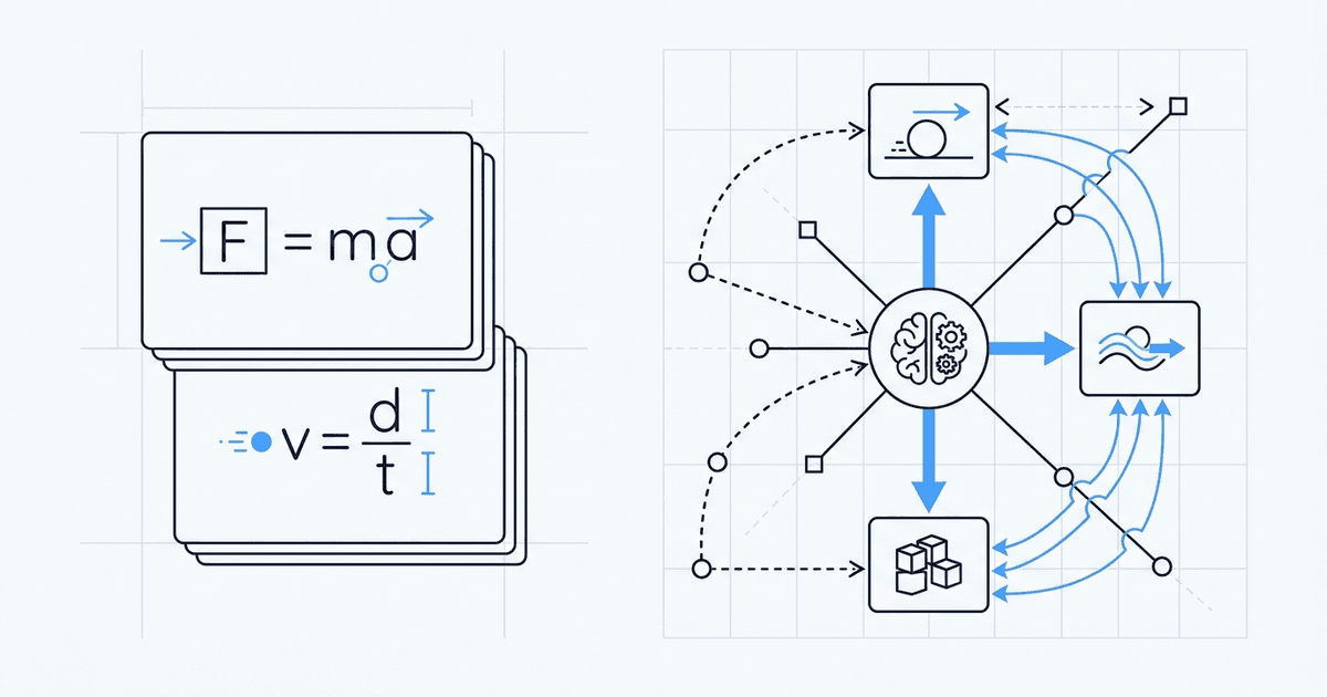 Schematic: memorized formula stack versus connected concept network for deep physics understanding