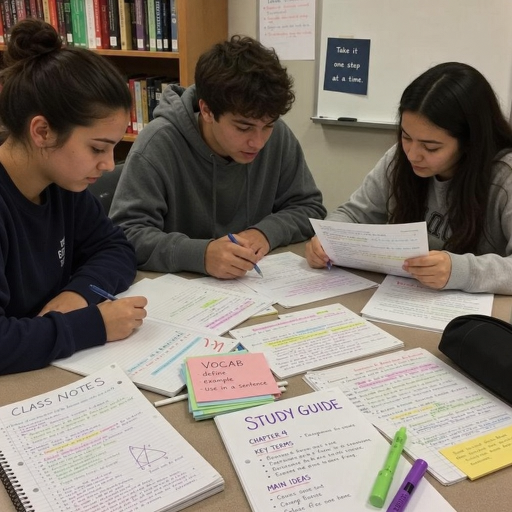 Students studying with notes and study guides