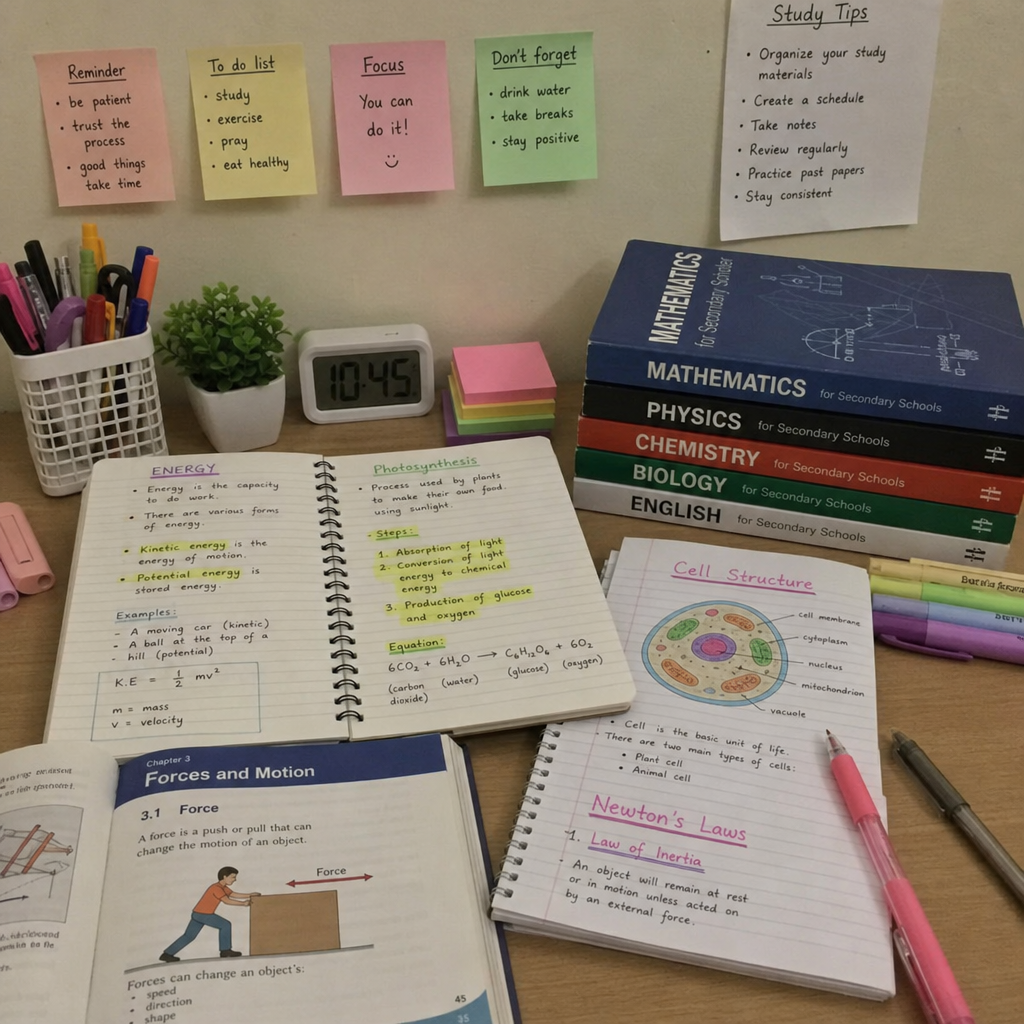 Organized study materials with notes and textbooks