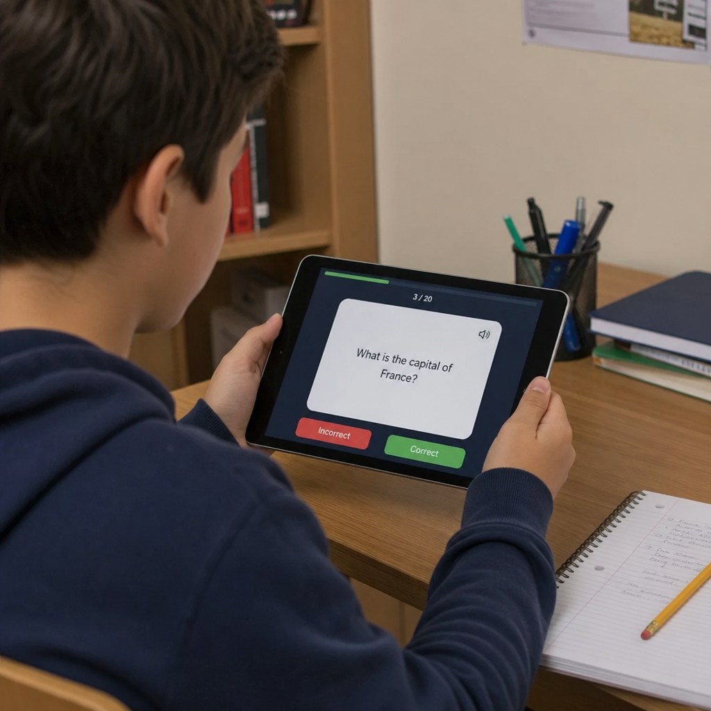 A student using a digital flashcard on a tablet