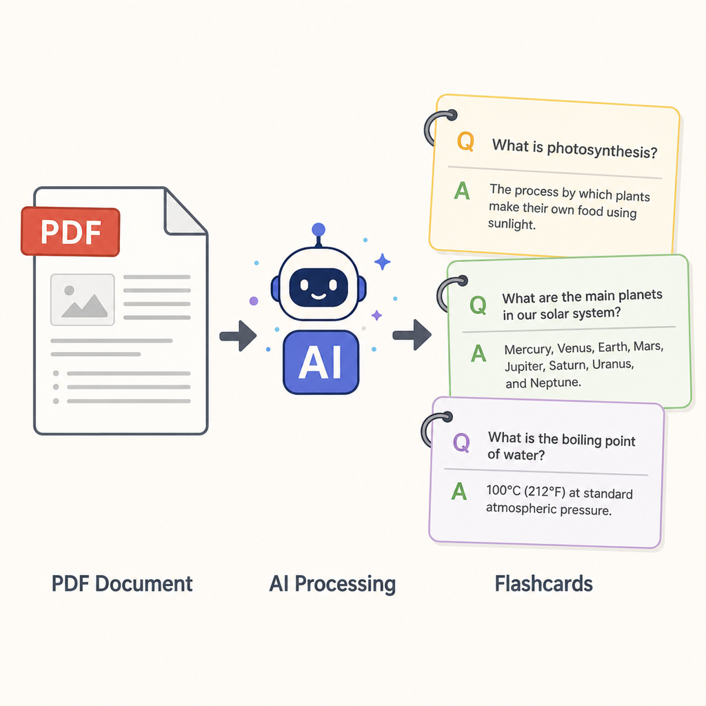 Illustration of AI transforming text from PDF into flashcards
