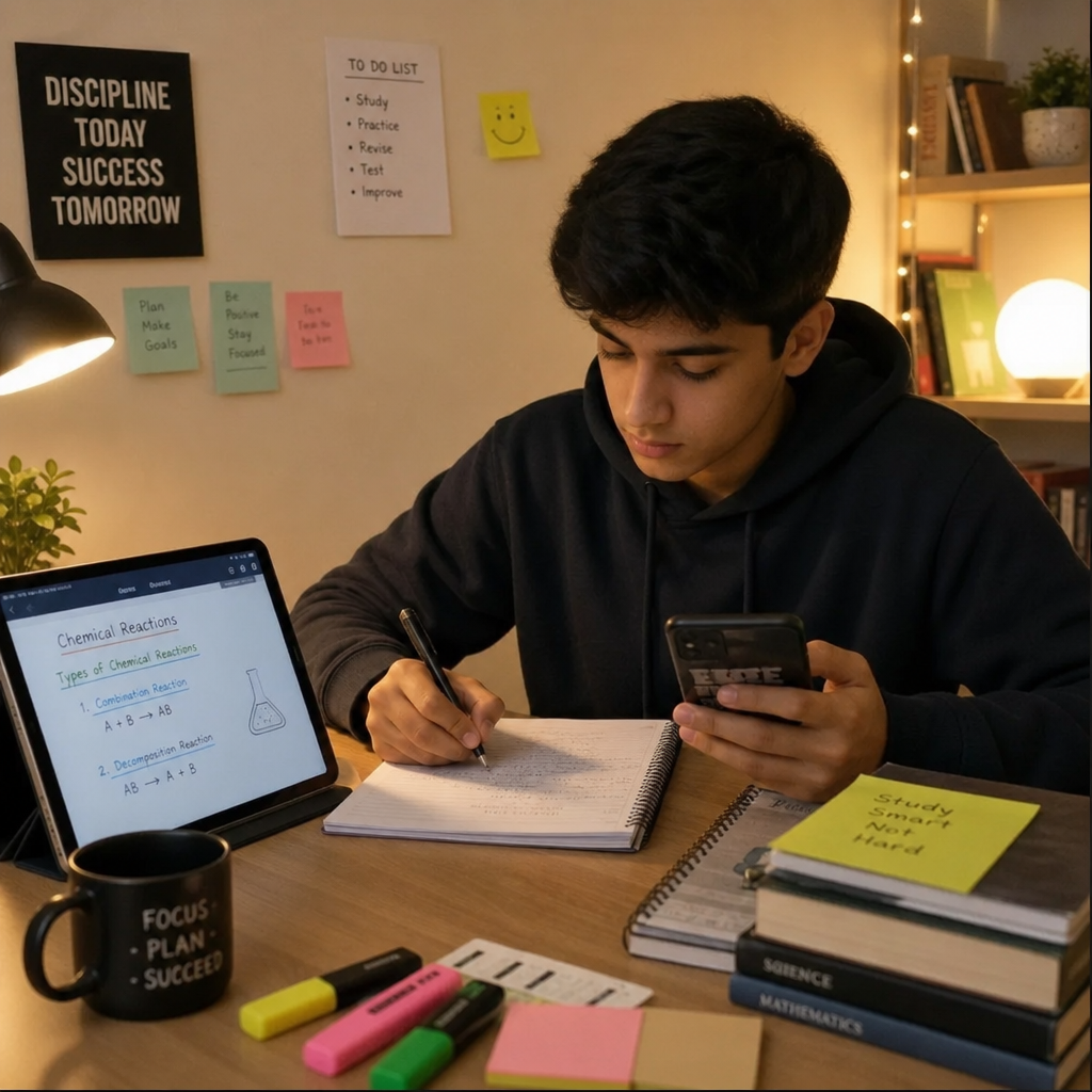 Student studying efficiently with a tablet and smartphone in a cozy room