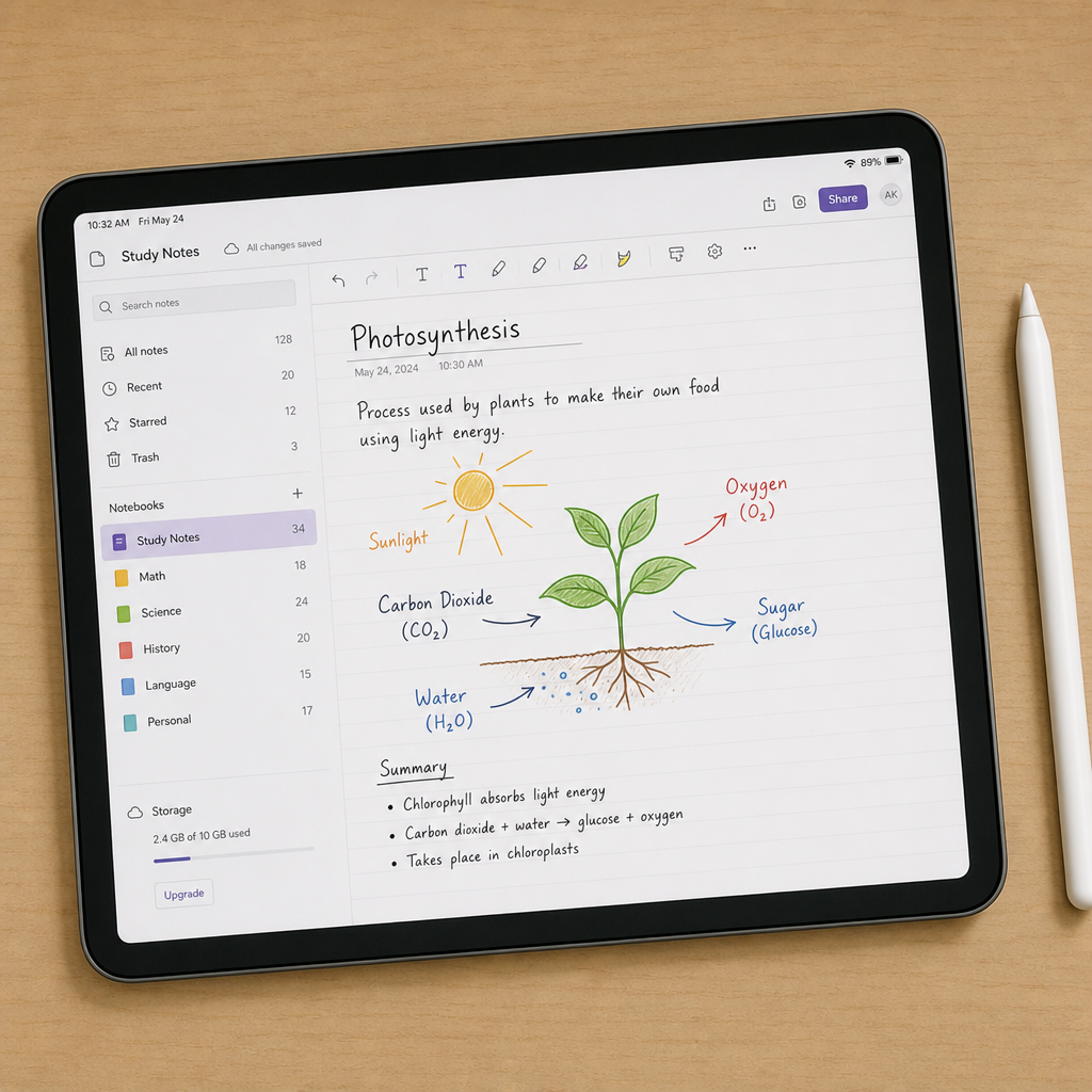 Digital tablet showing cloud-based note-taking application and an electronic pencil