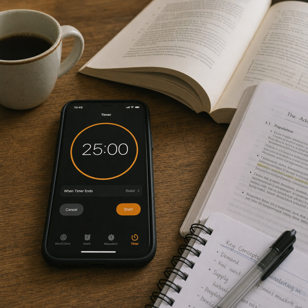 Timer app on a mobile phone next to open books and a cup of coffee