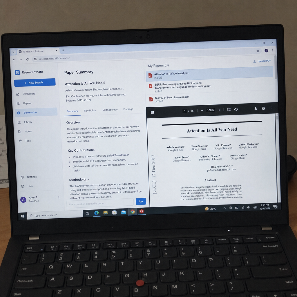 Laptop screen displaying an AI research summarization tool and academic PDFs