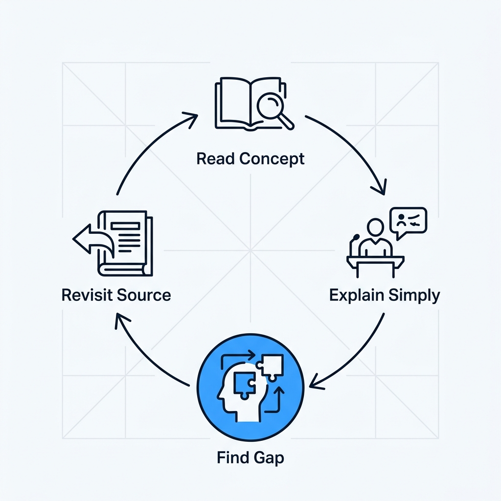 Feynman learning loop: explain simply, find gaps, revisit, simplify